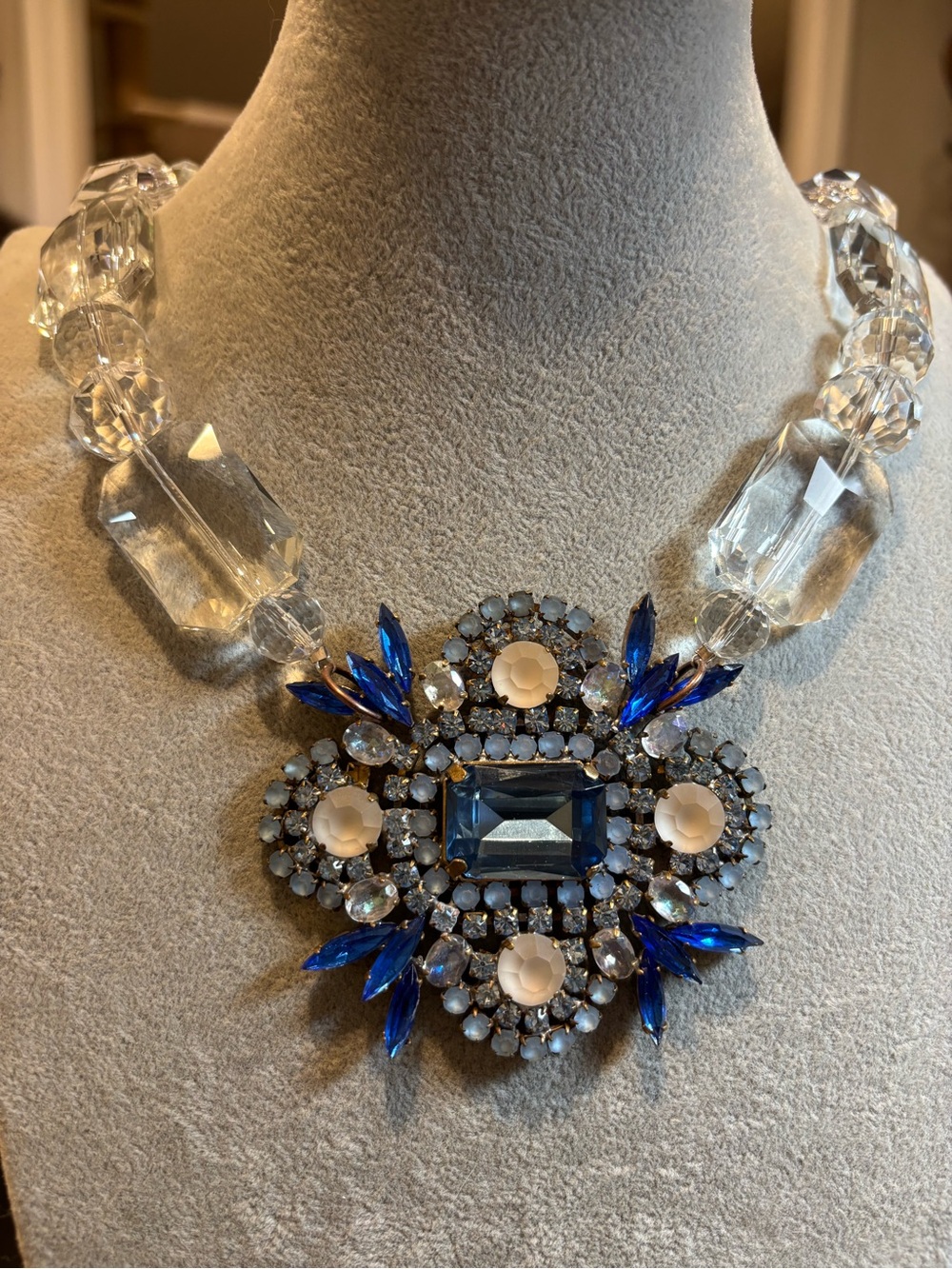 Chunky glass beaded Statement Necklace with large vintage Czech pendant